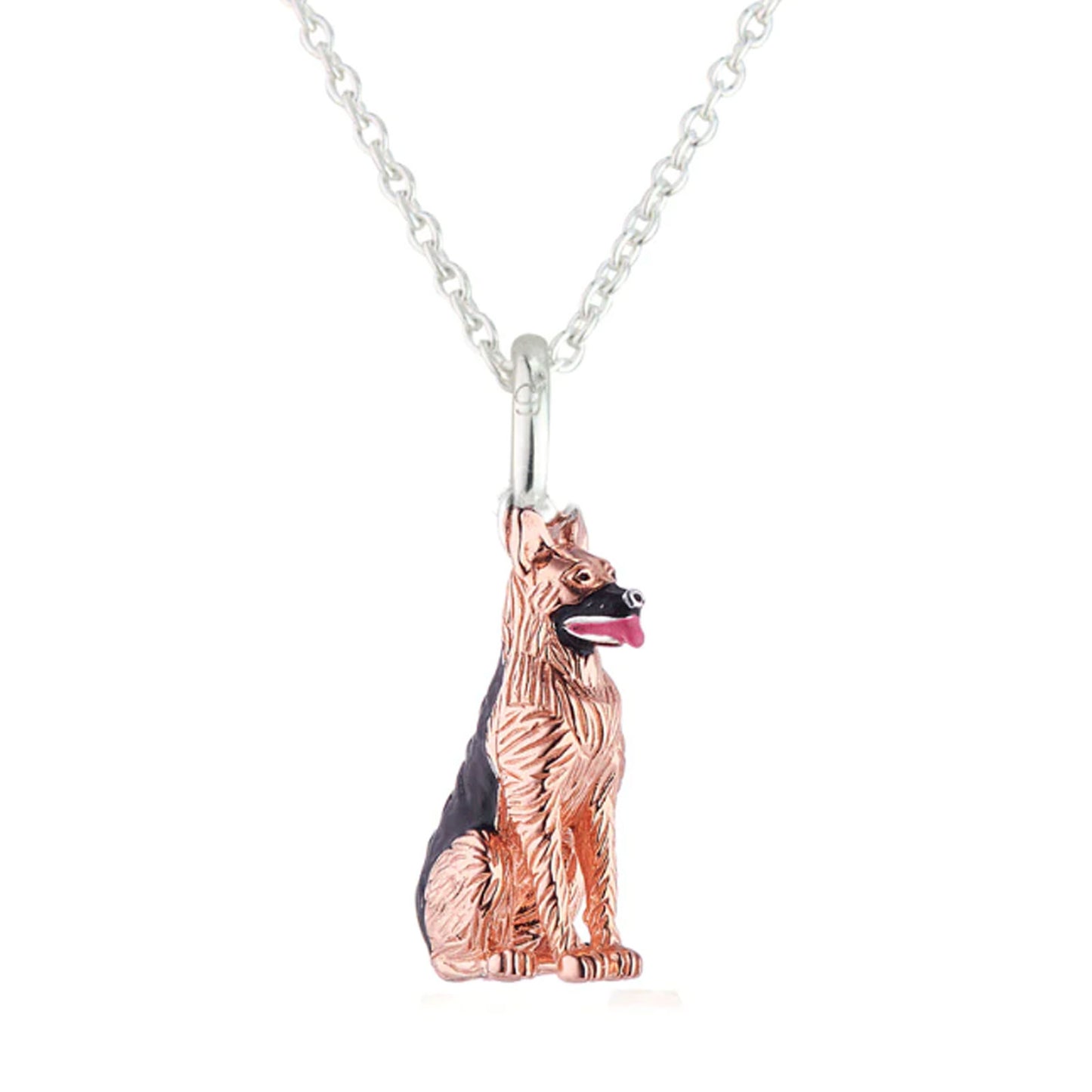 Rose gold dog-shaped pendant on a silver chain against a white background