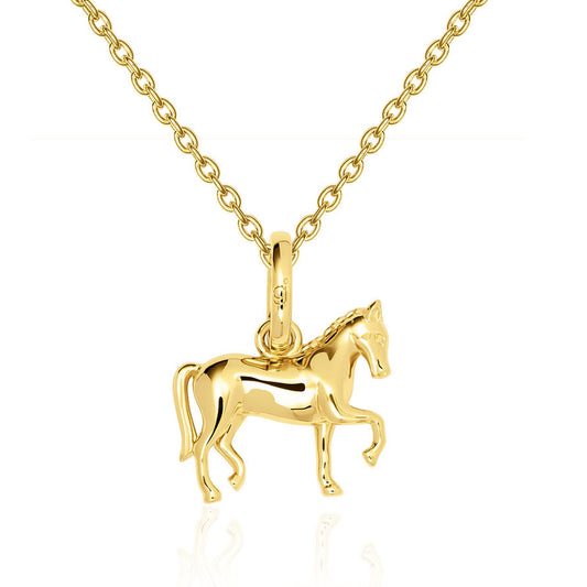 Gold horse pendant on a gold chain against a white background