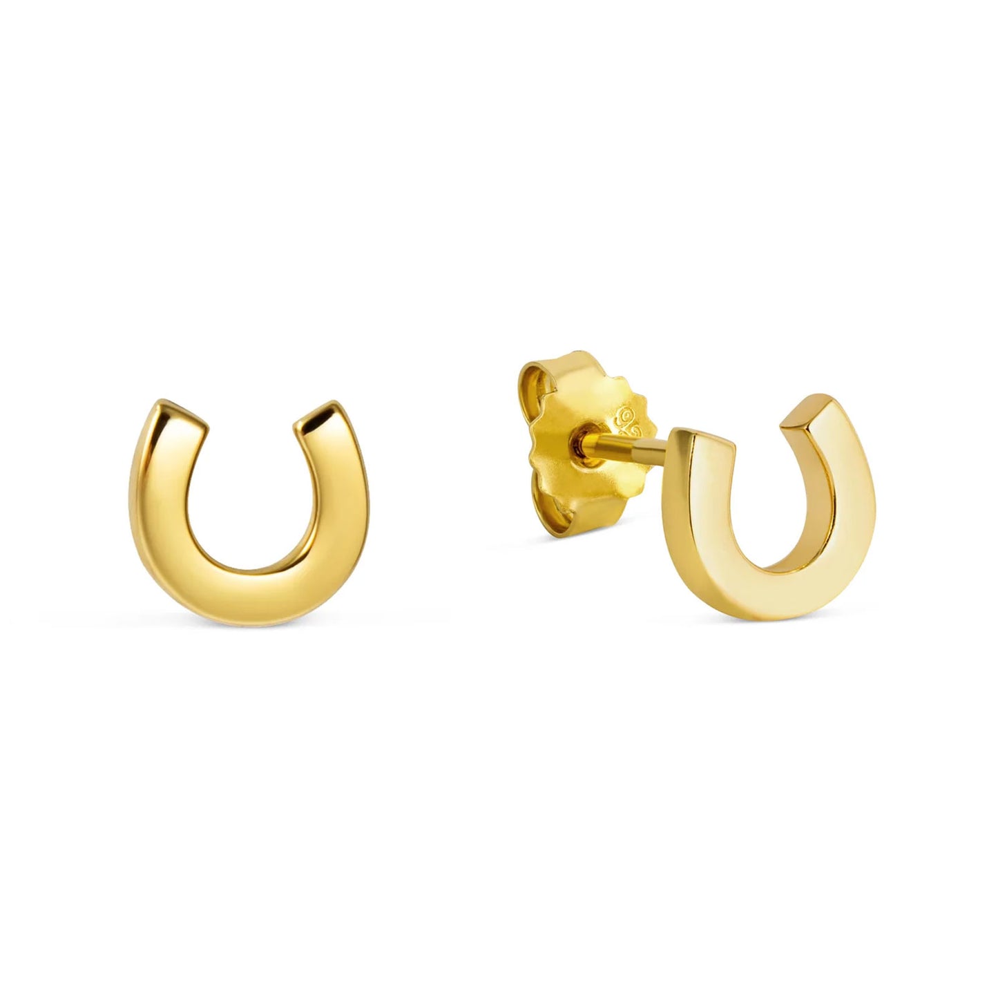 Gold horseshoe earrings on a white background
