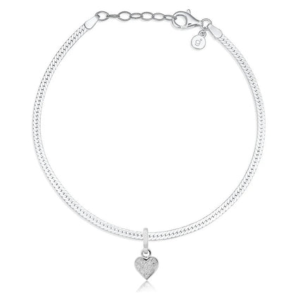 Silver bracelet with a heart-shaped charm on a white background