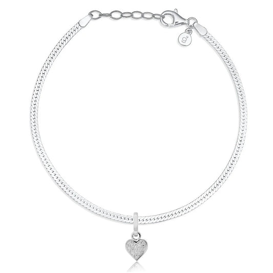 Silver bracelet with a heart-shaped charm on a white background