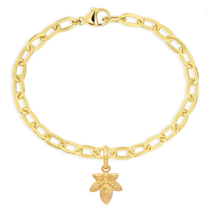 Gold chain bracelet with a leaf-shaped charm on a white background