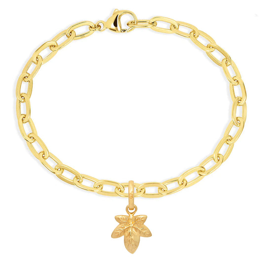 Gold chain bracelet with a leaf-shaped charm on a white background