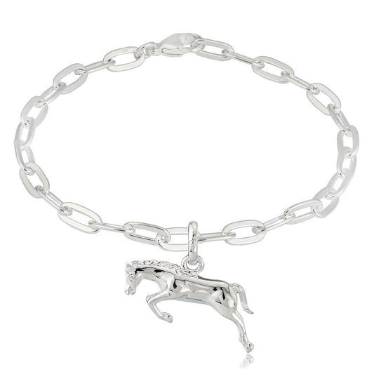 Silver bracelet with a horse charm on a white background