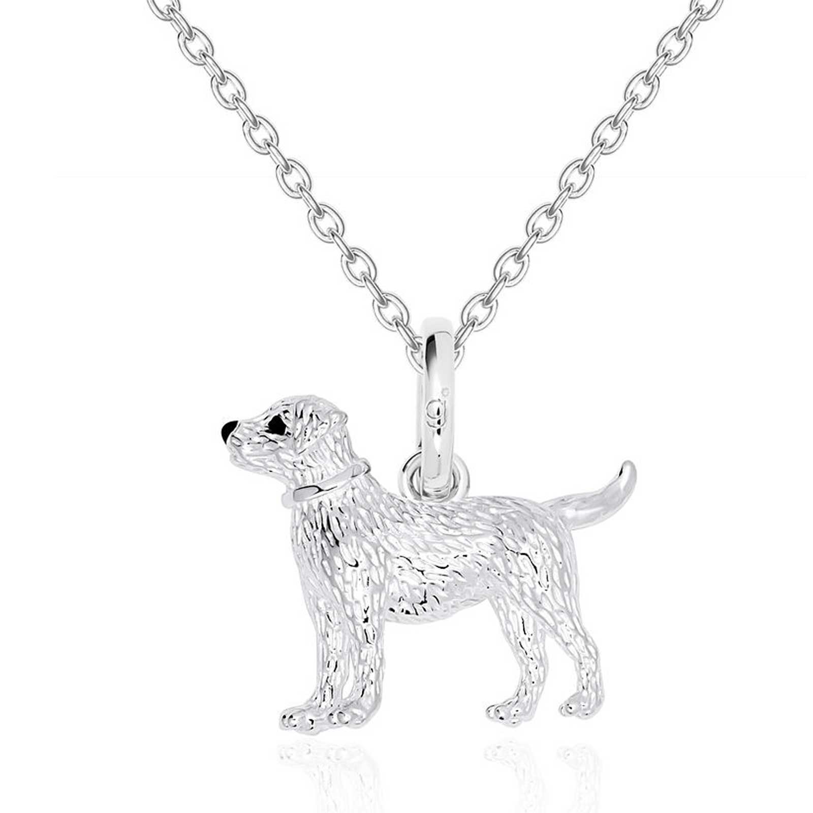 Silver labrador dog-shaped pendant on a chain against a white background