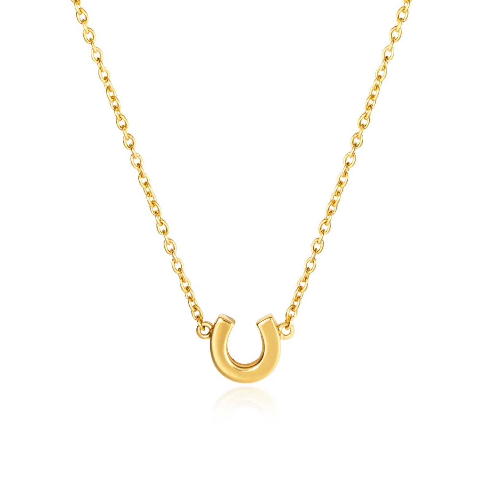 Gold horseshoe necklace on a white background
