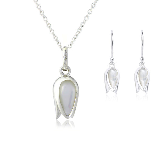 Silver tulip necklace and earrings with white pearl on a white background