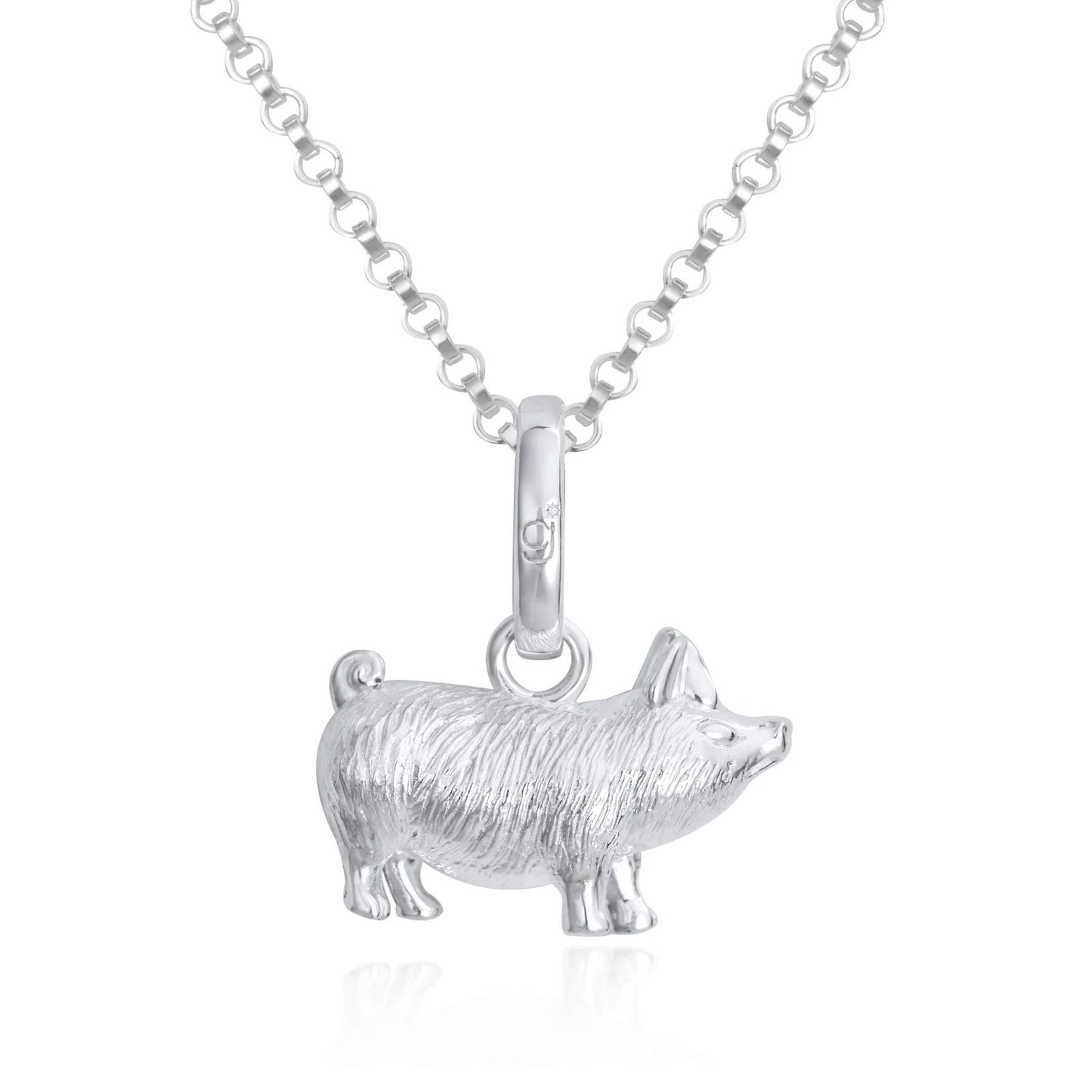 Silver pig pendant on a chain against a white background