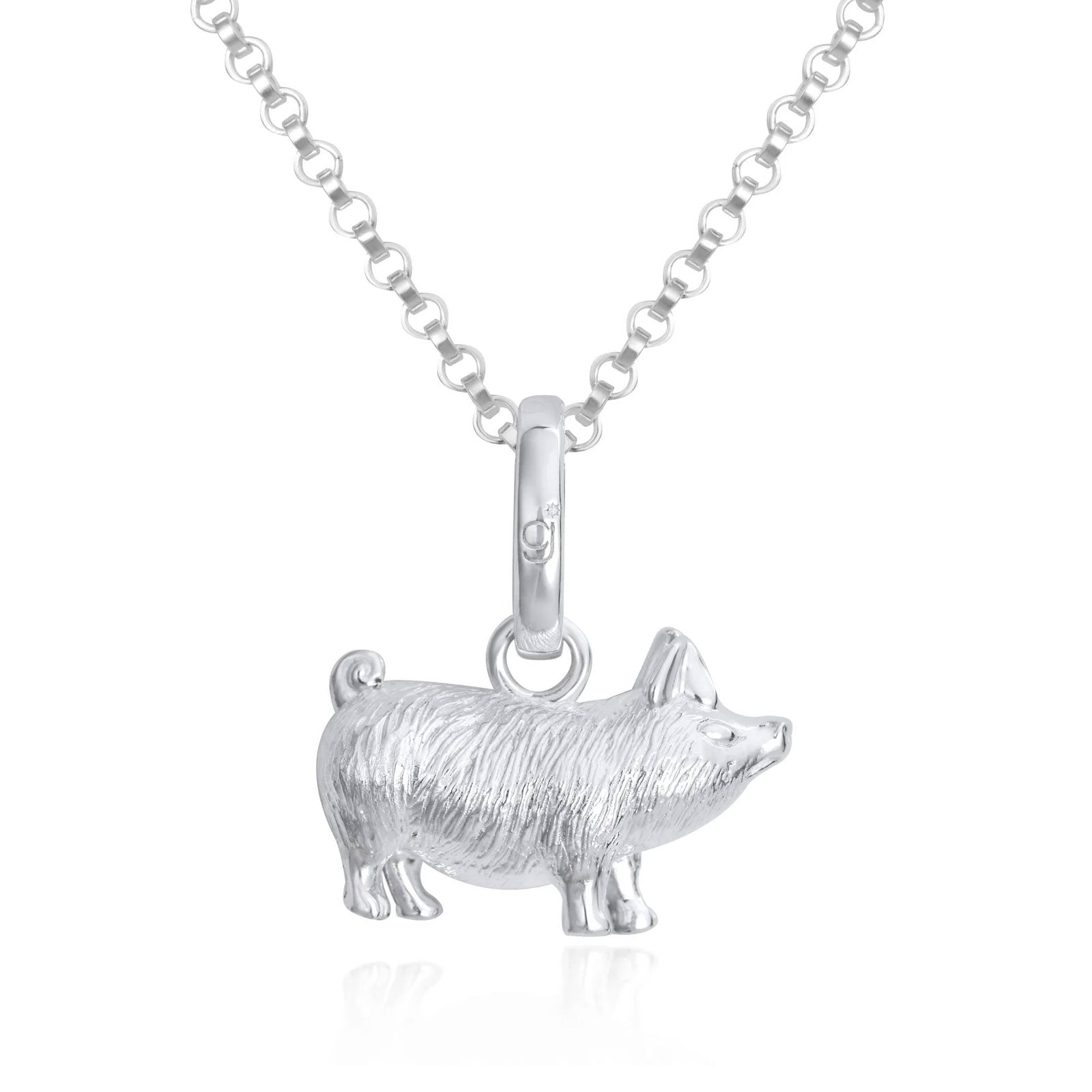 Silver pig pendant on a chain against a white background