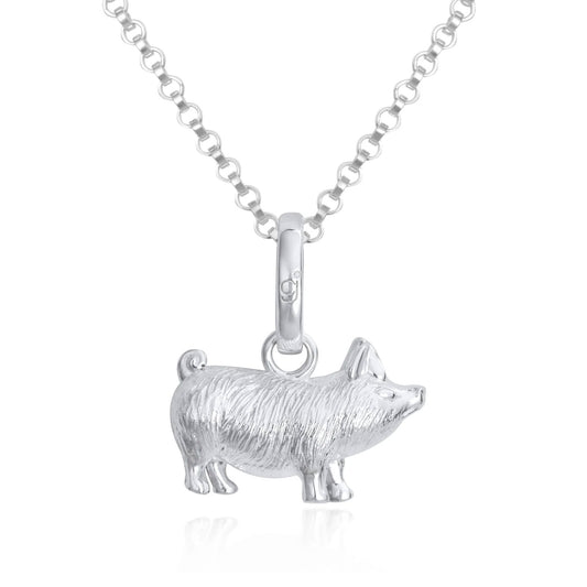 Silver pig pendant on a chain against a white background