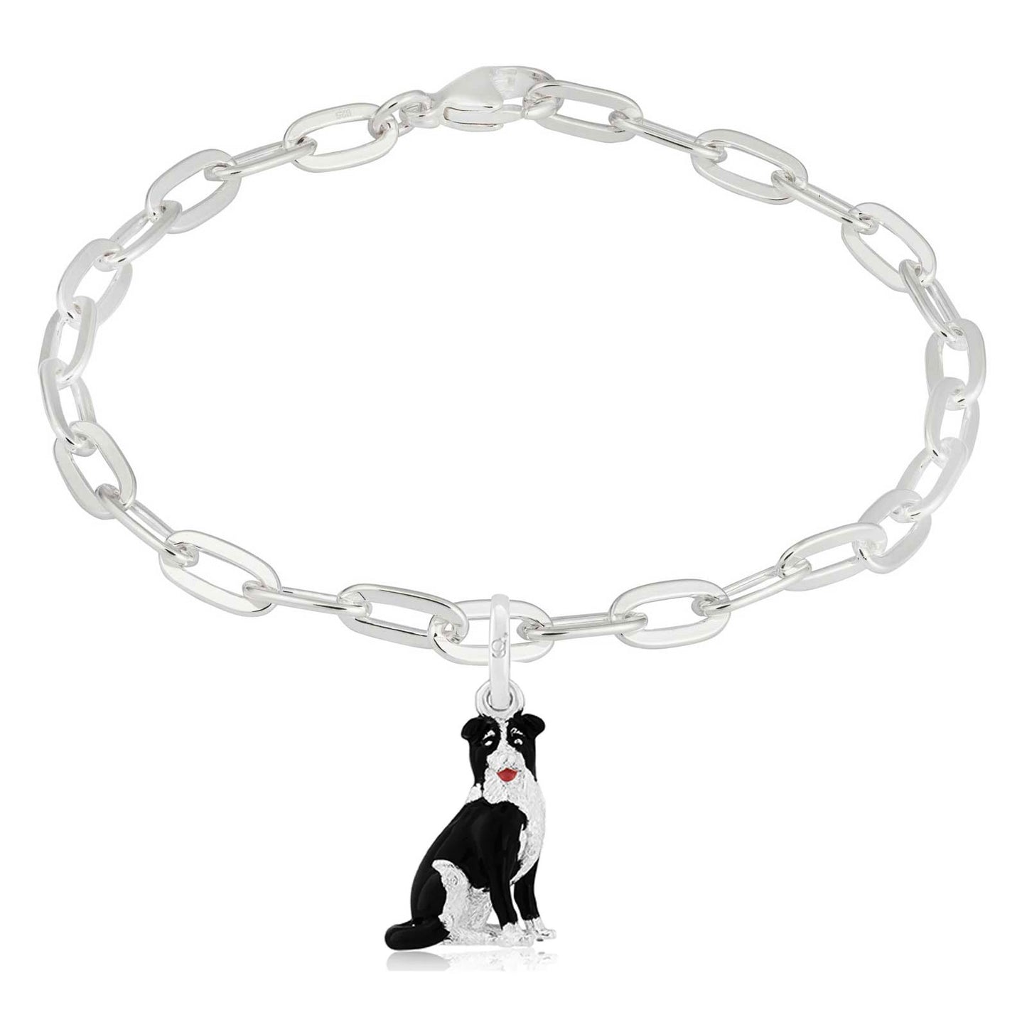 Silver chain bracelet with a dog charm on a white background