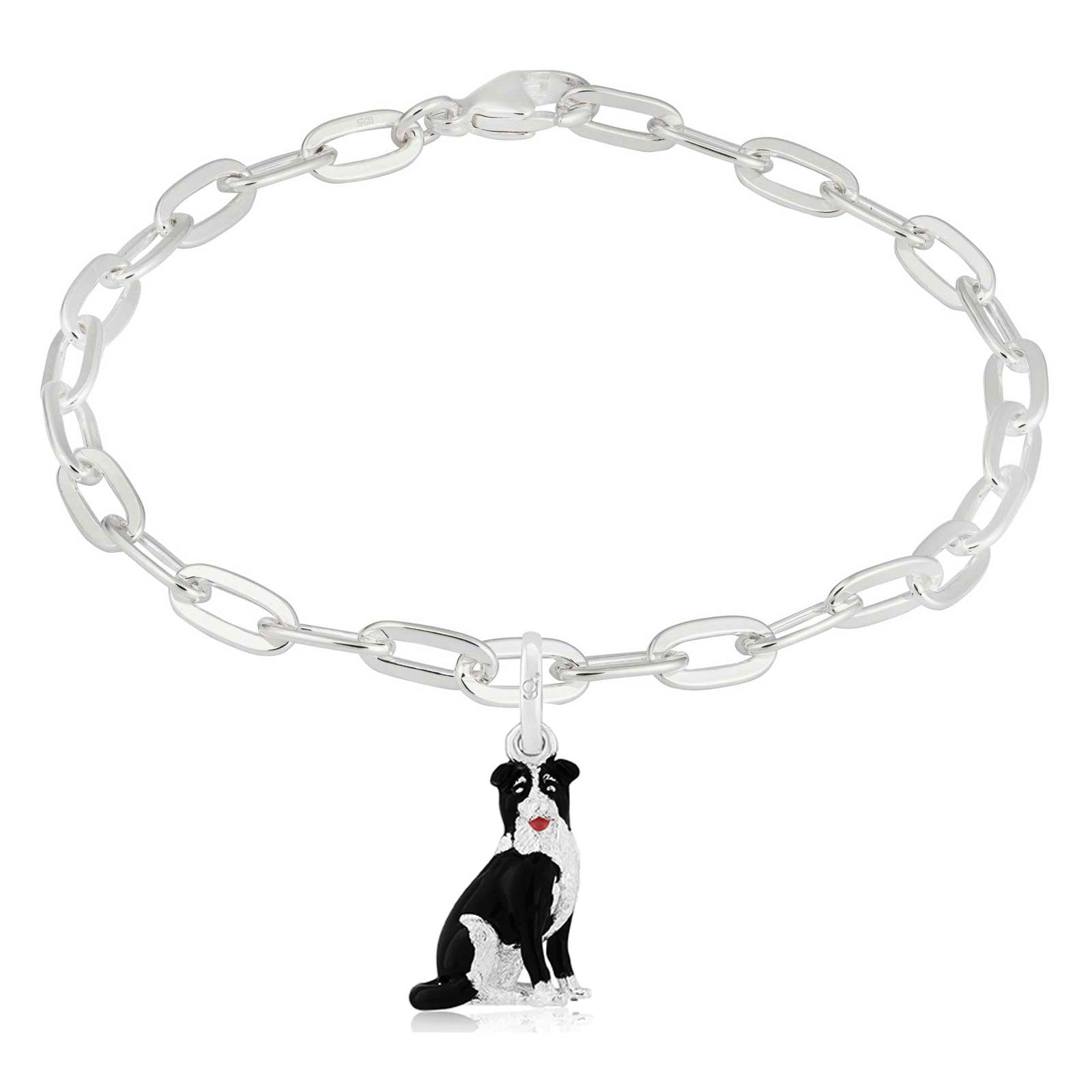 Silver chain bracelet with a dog charm on a white background