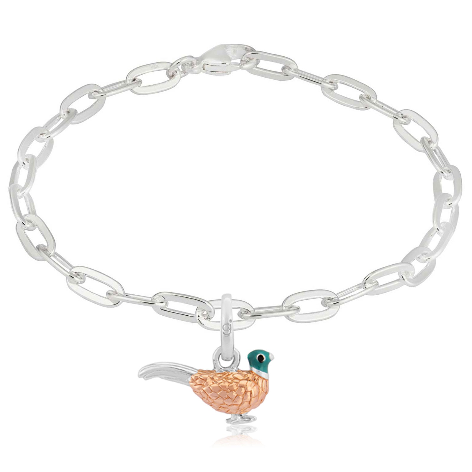 oval link bracelet with pheasant charm on white background
