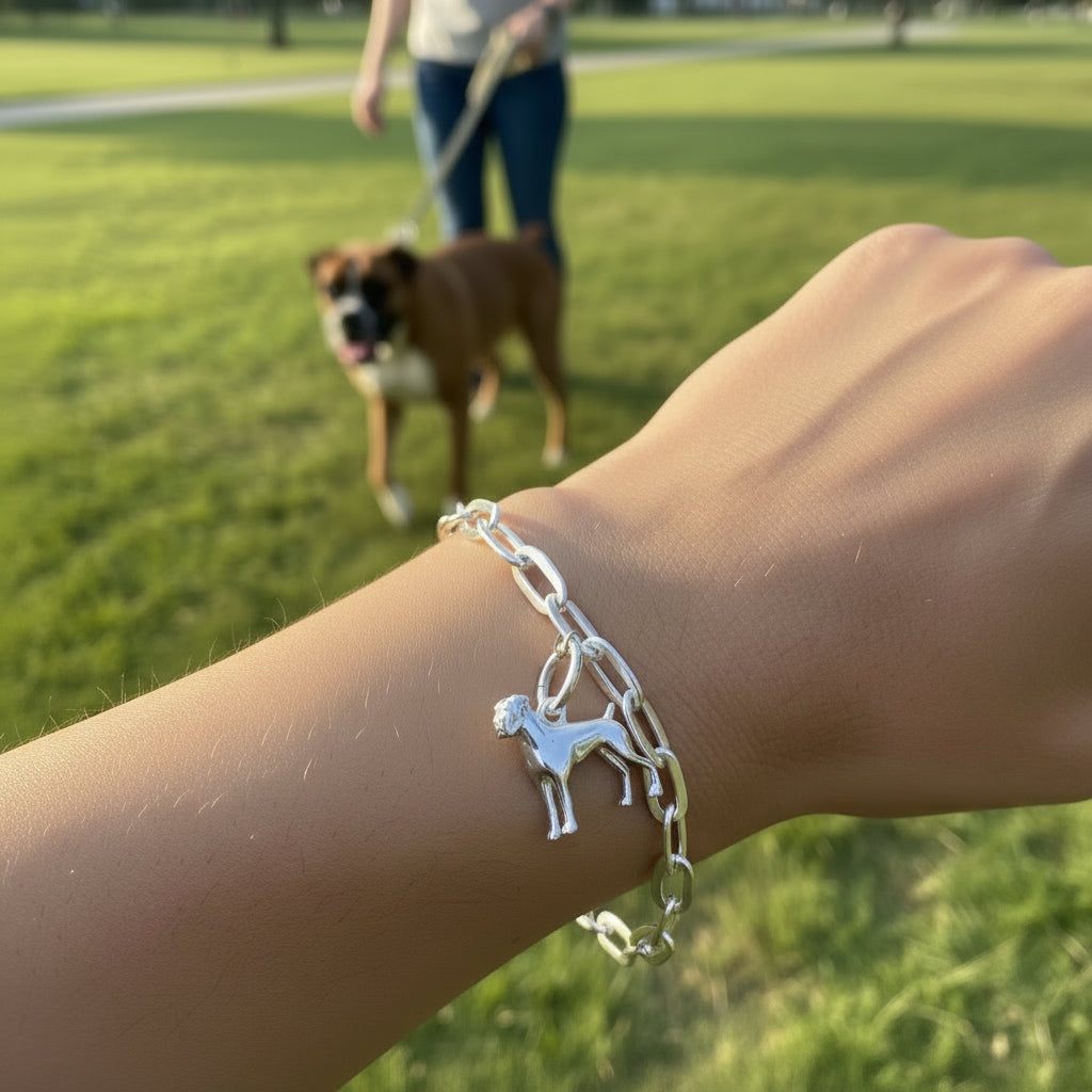 Silver chain bracelet with a dog charm on a white background