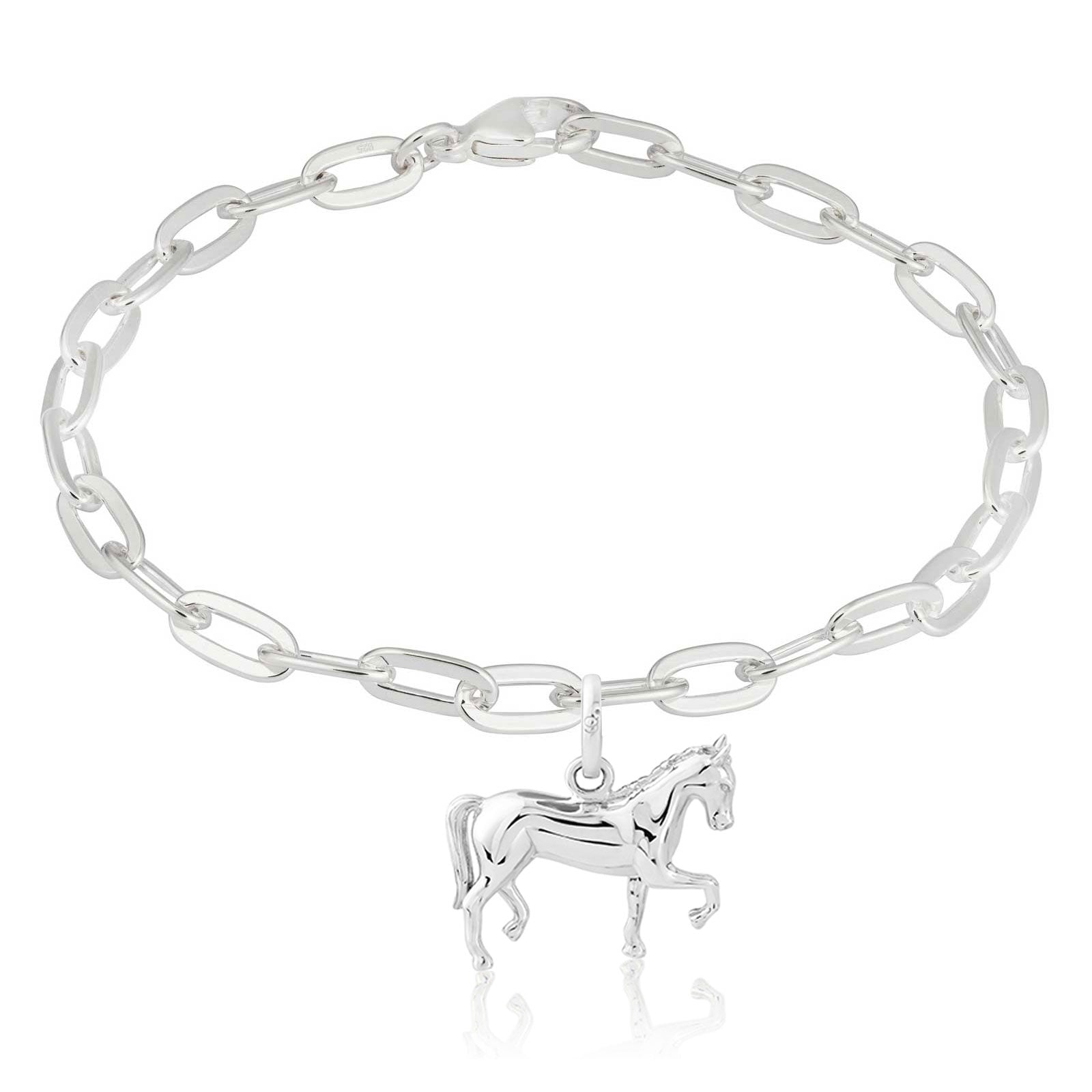 Silver chain bracelet with a horse charm on a white background