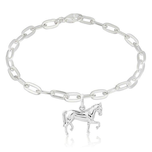 Silver chain bracelet with a horse charm on a white background