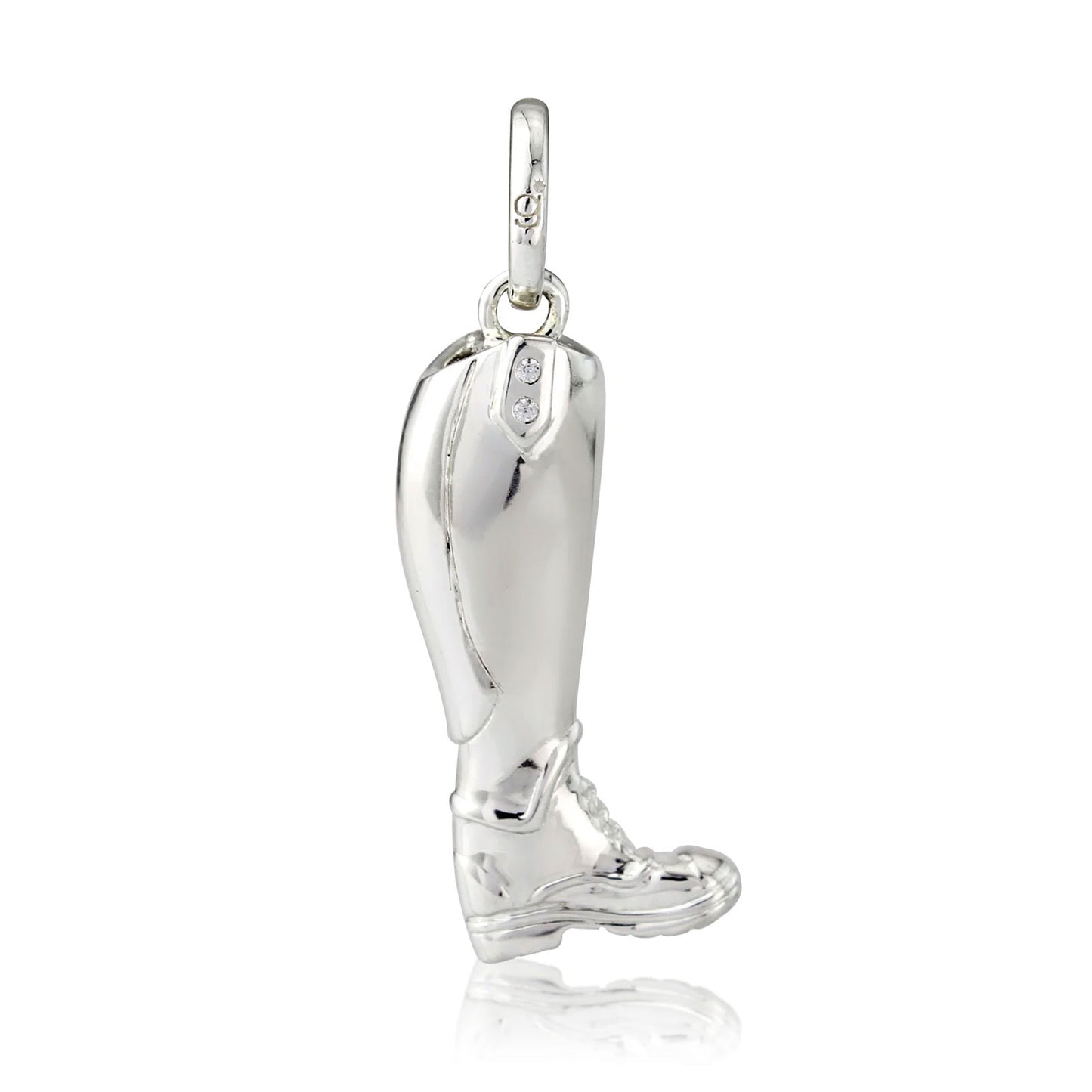 Silver boot-shaped pendant on a white background