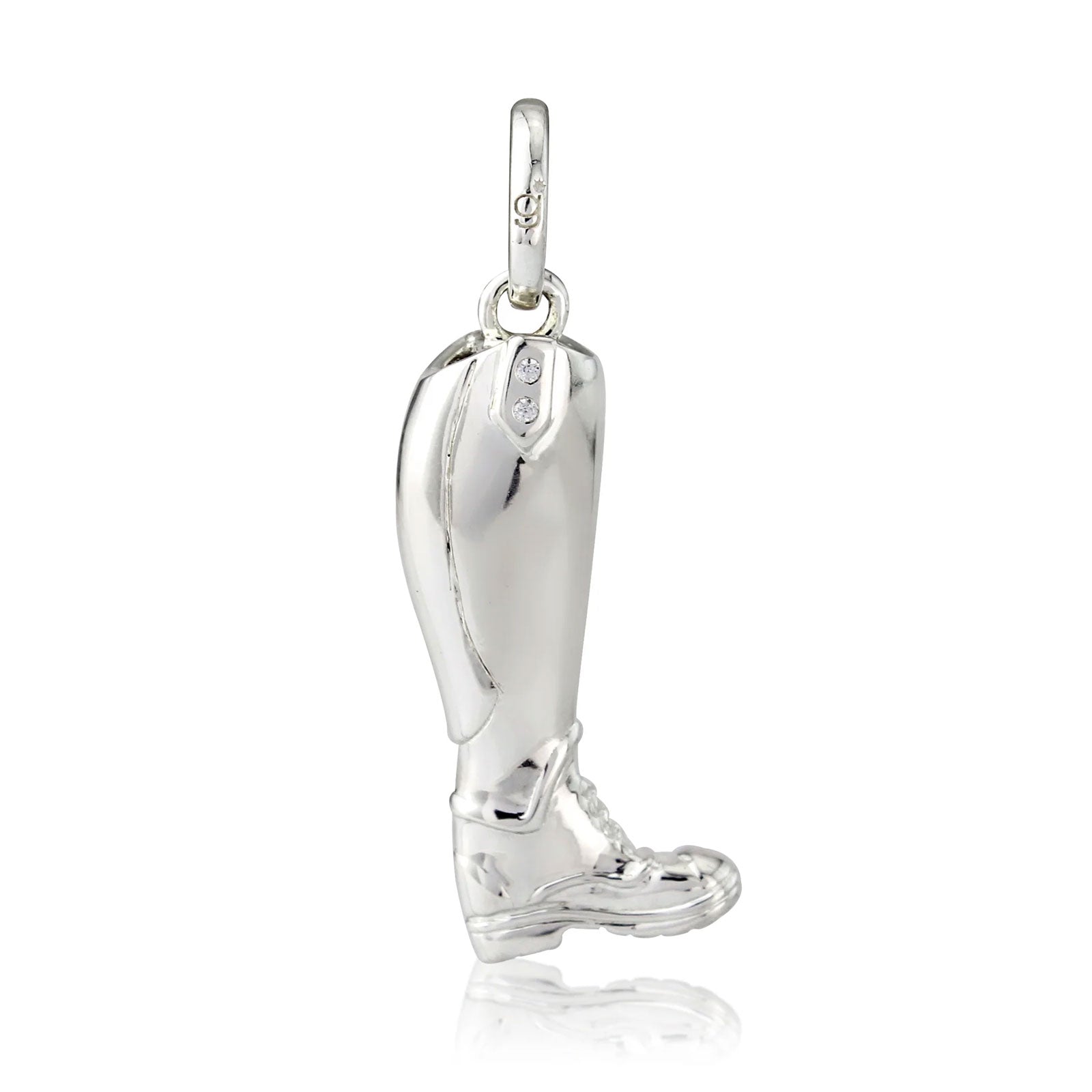 Silver boot-shaped pendant on a white background