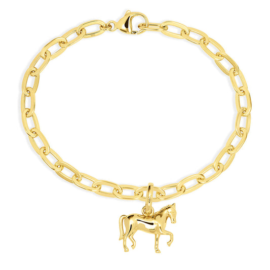 Gold bracelet with a horse charm on a white background