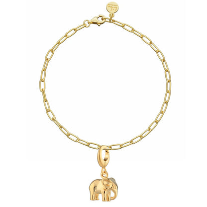 Gold bracelet with an elephant charm on a white background