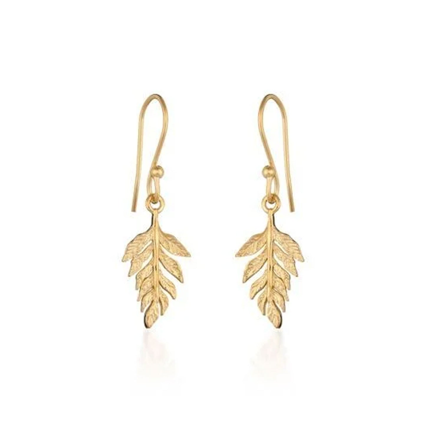 A pair of gold leaf drop earrings with textured leaf pendants and fishhook wires, shown on a clean white background.