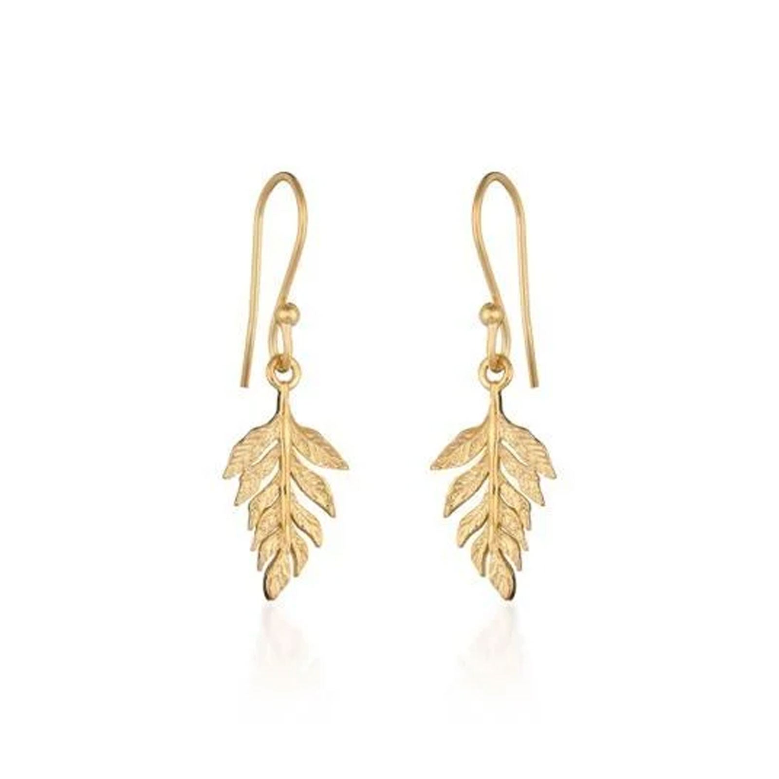 A pair of gold leaf drop earrings with textured leaf pendants and fishhook wires, shown on a clean white background.