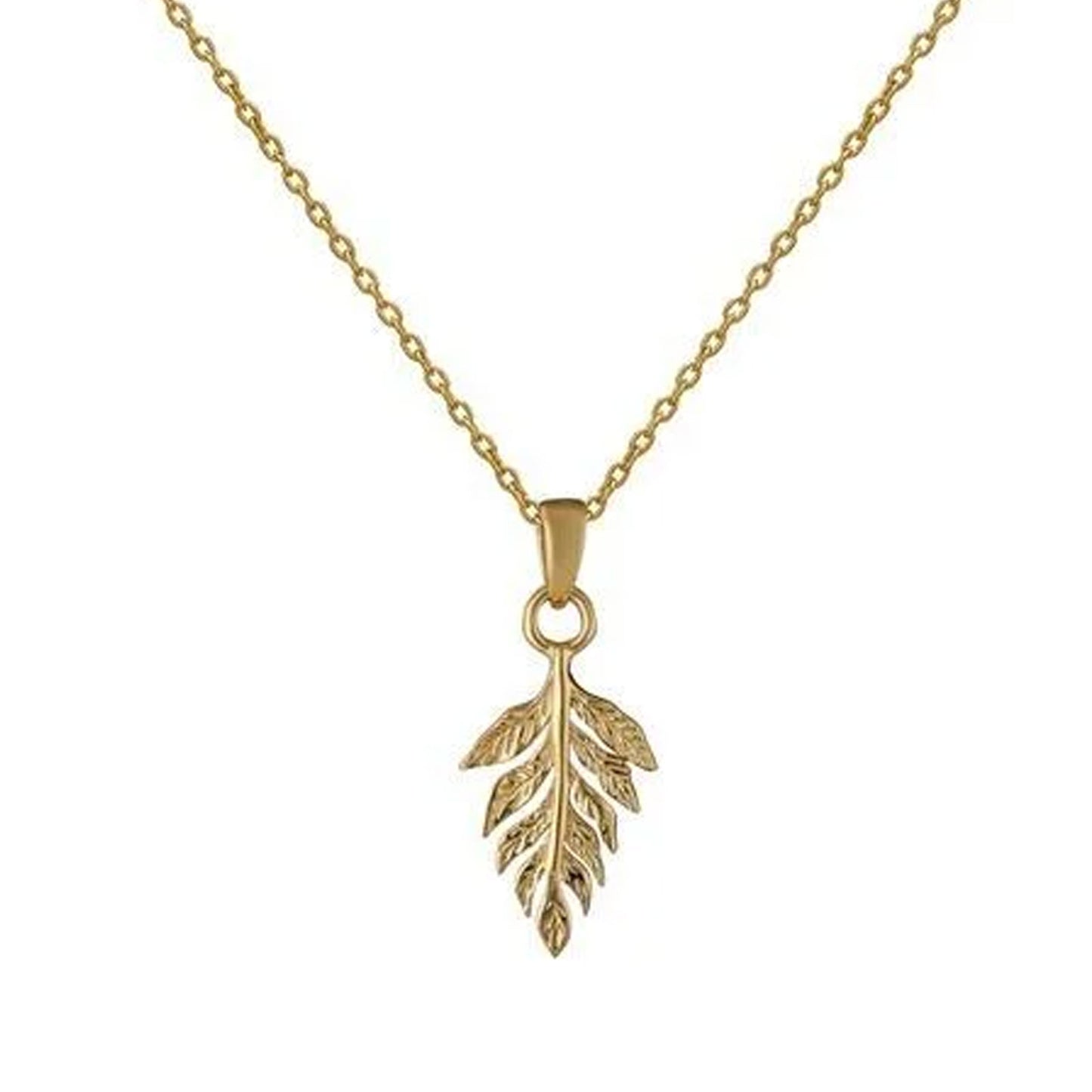 Gold leaf pendant necklace on a white background