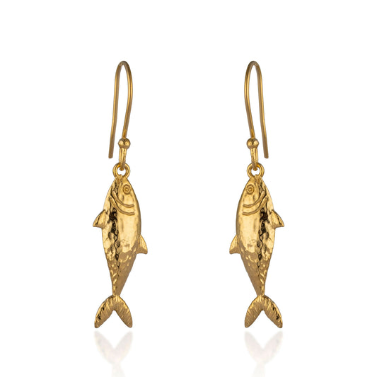 Gold fish-shaped earrings on a white background