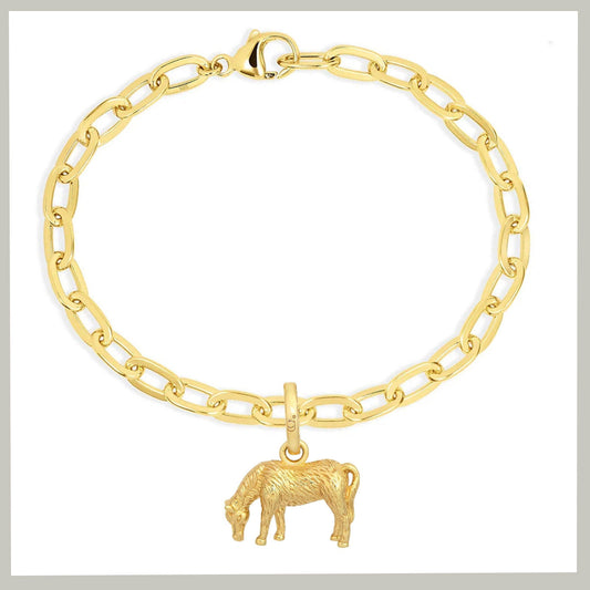 A gold chain bracelet with a pony-shaped pendant, displayed on a clean white background.