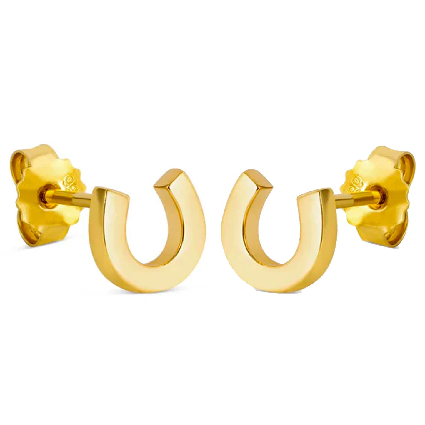 Gold U-shaped earrings on a white background