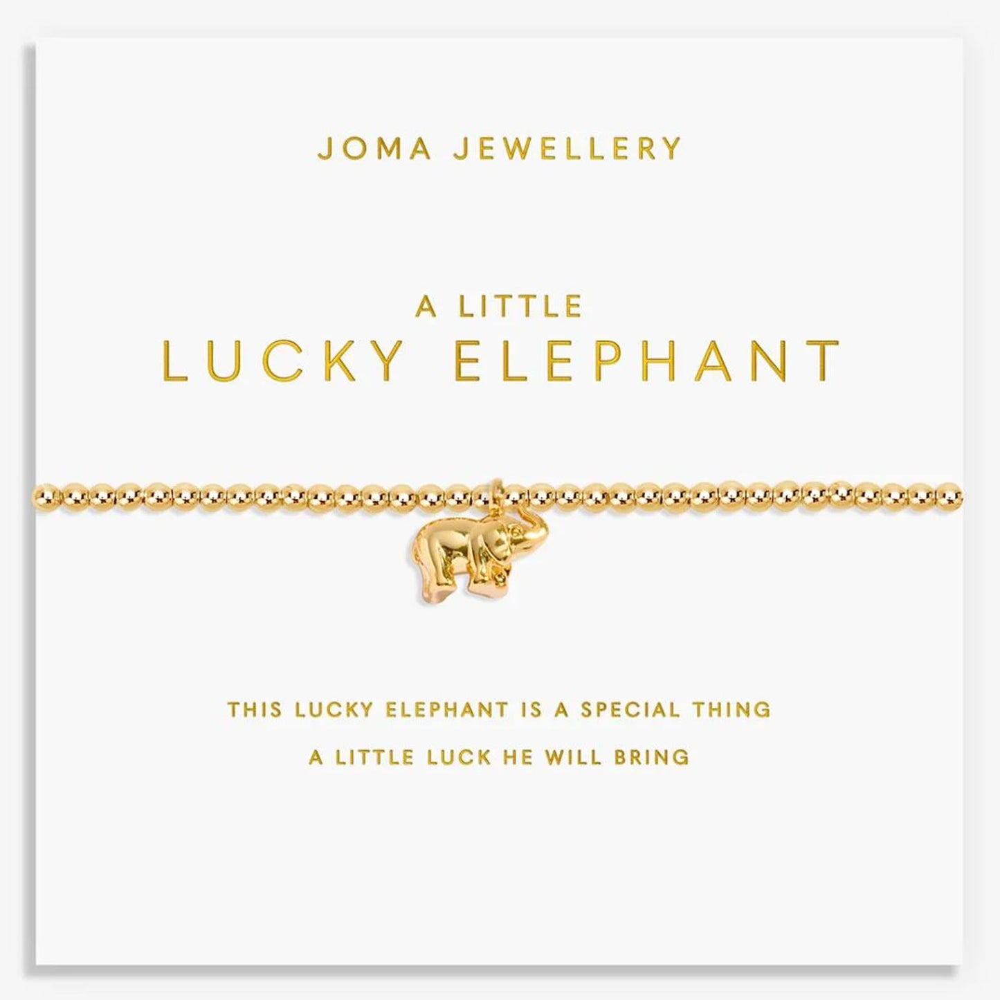 Gold elephant bracelet on Joma Jewellery card with text