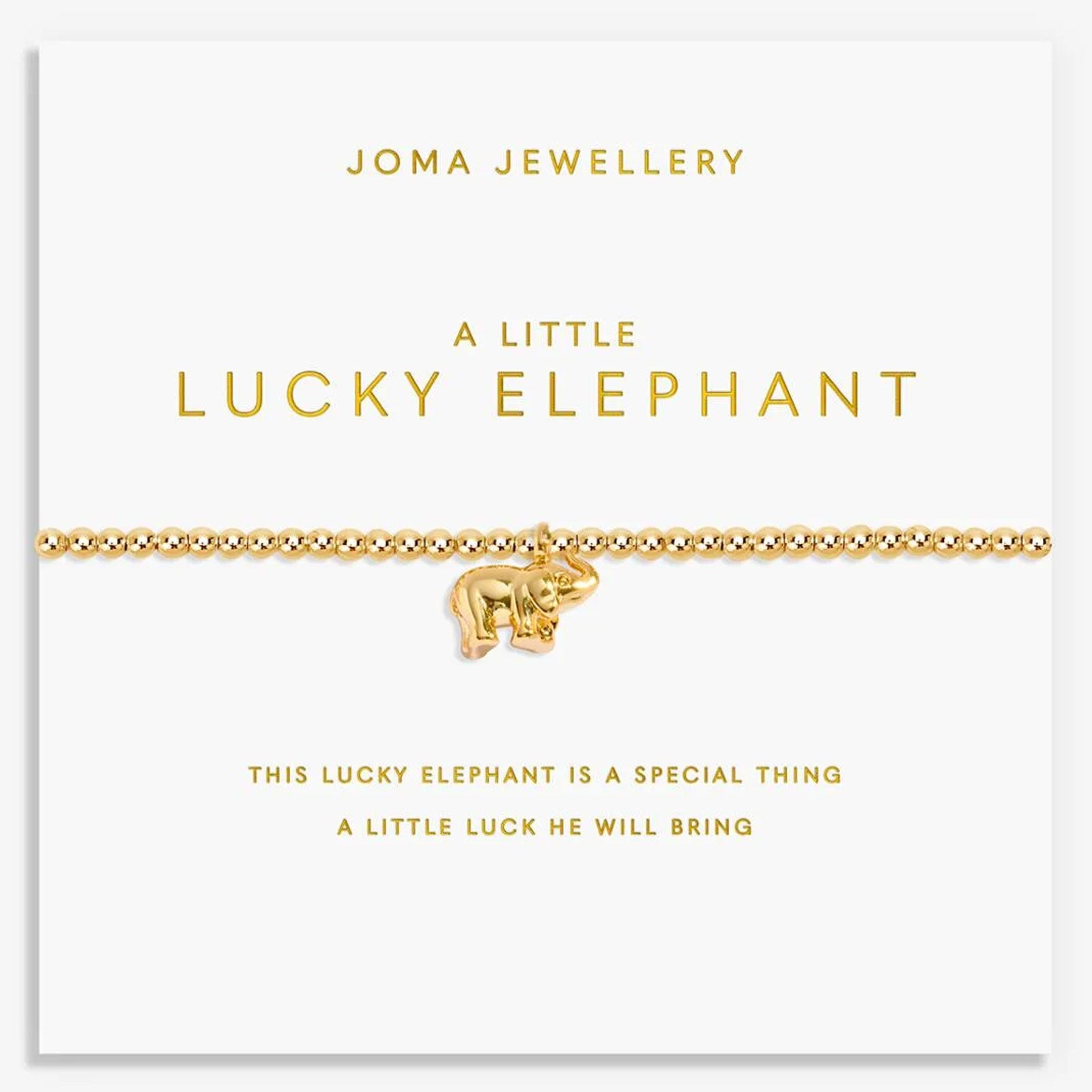 Gold elephant bracelet on Joma Jewellery card with text