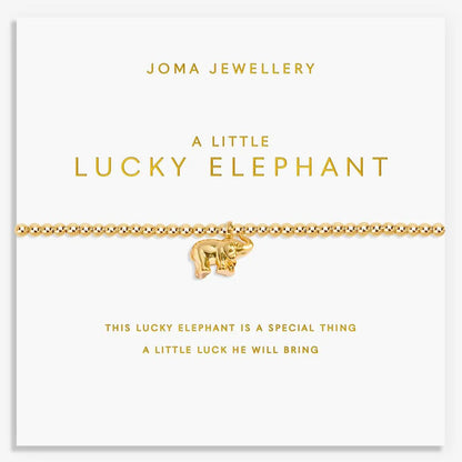 Gold elephant bracelet on Joma Jewellery card with text