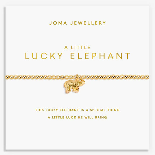Gold elephant bracelet on Joma Jewellery card with text