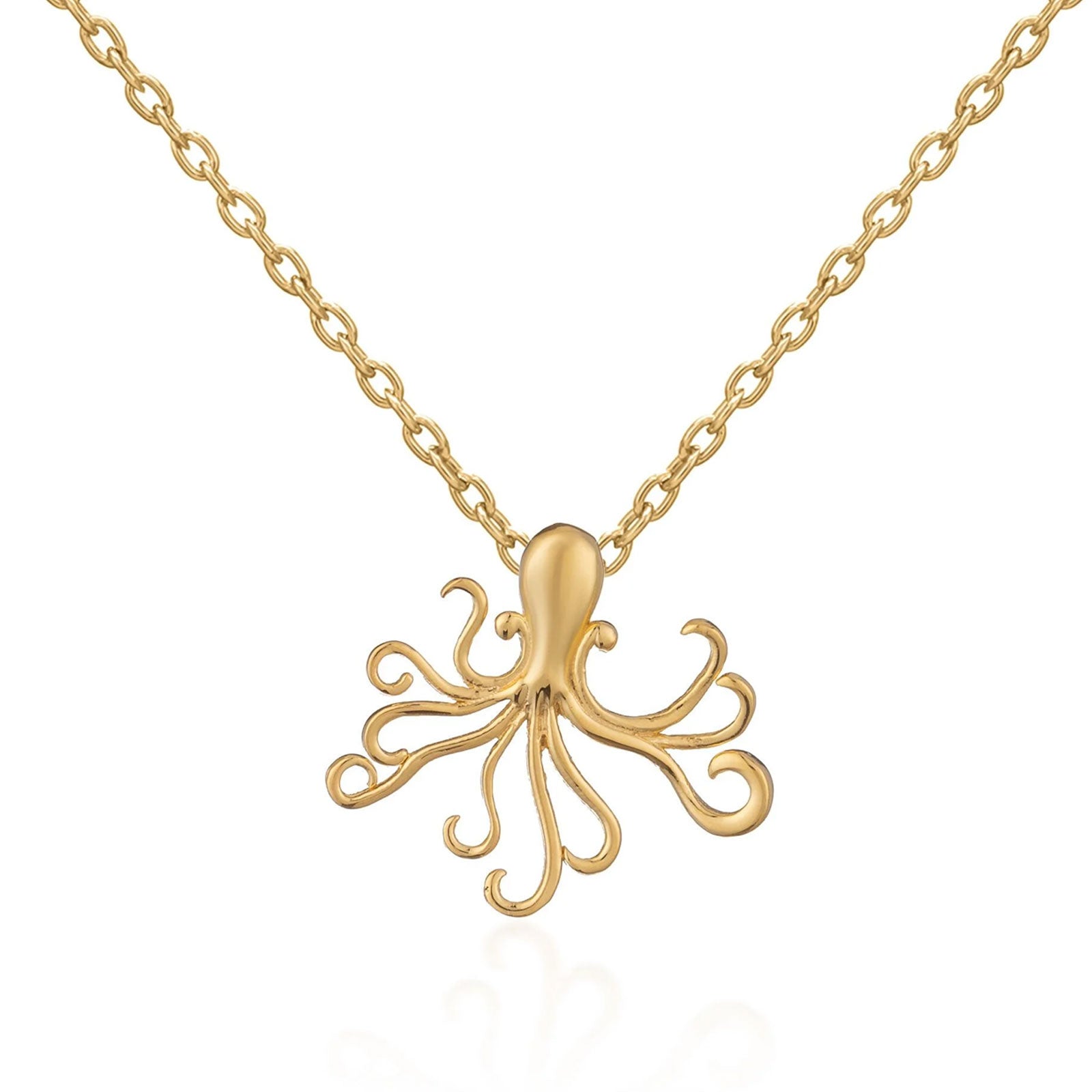 Gold octopus pendant on a chain against a white background