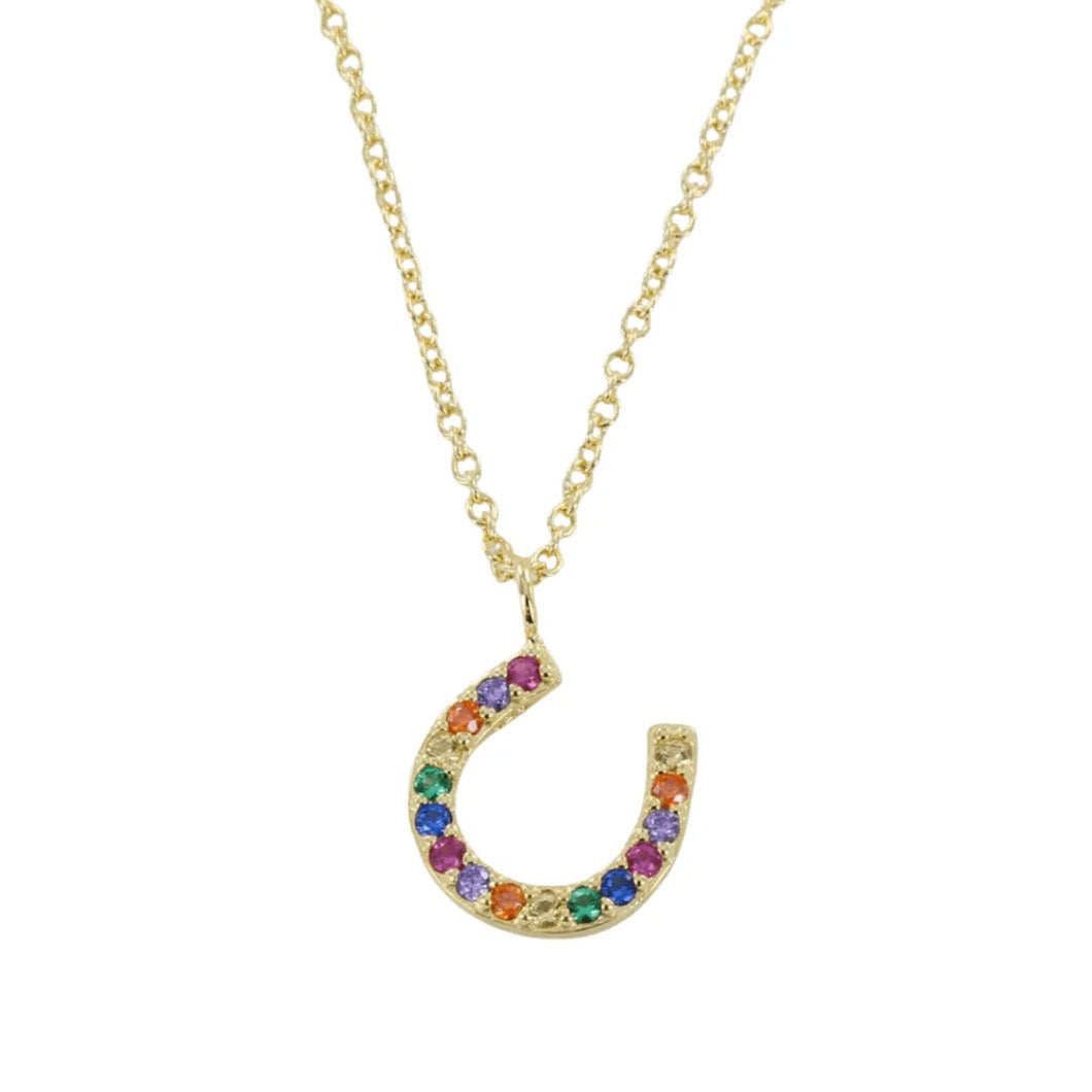 Gold necklace with a colorful horseshoe pendant on a white background