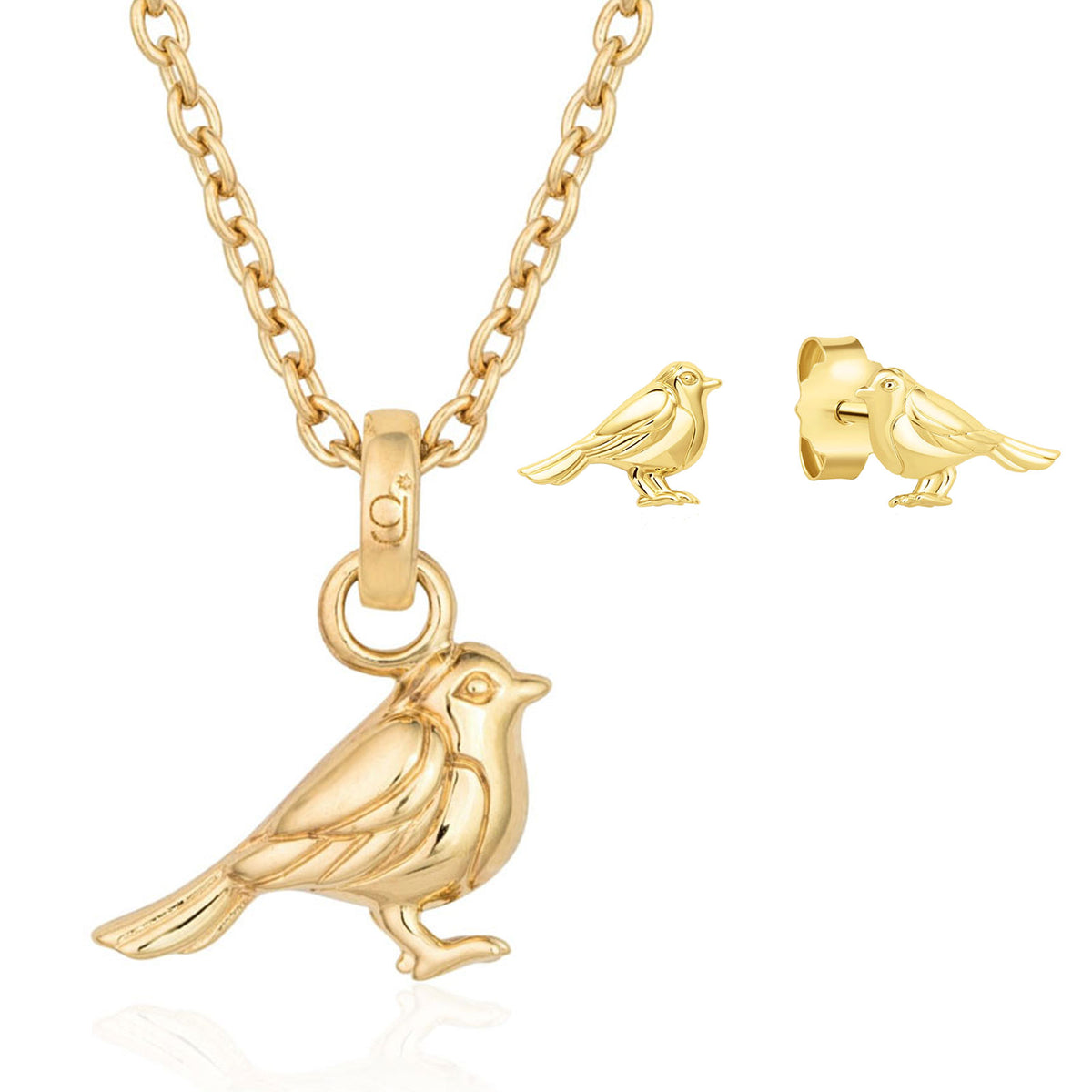 Gold bird necklace and earrings on a white background