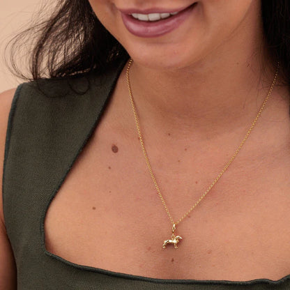 Woman wearing a gold necklace with a horse pendant on a beige background