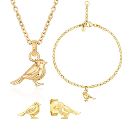 Gold bird-themed jewelry set including necklace, bracelet, earrings on a white background
