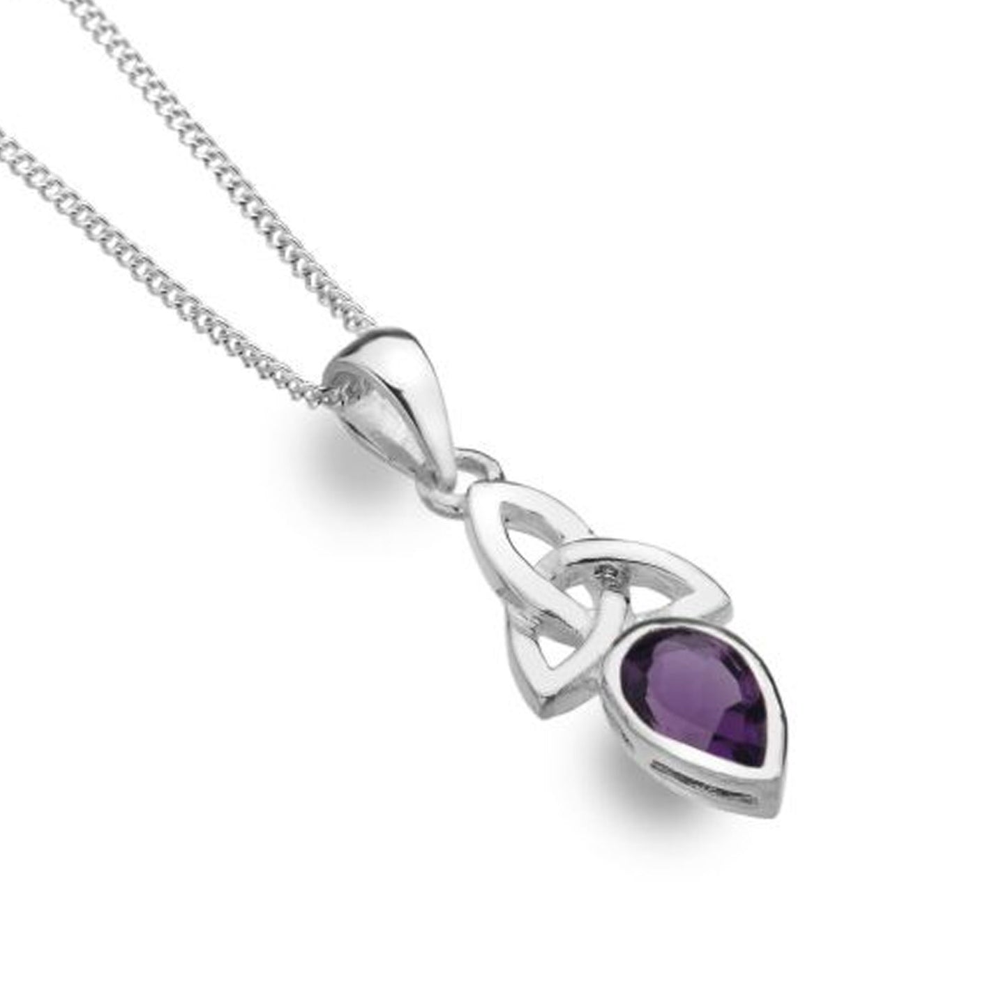 A sterling silver pendant necklace featuring a Celtic triquetra knot design with a teardrop-shaped purple amethyst gemstone, shown on a clean white background.