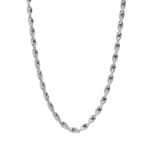 A silver twisted rope chain necklace shown against a plain white background.