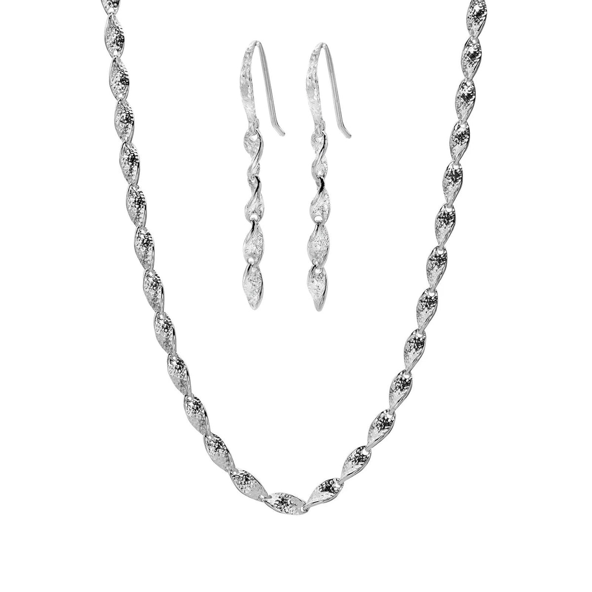 A silver jewelry set featuring a twisted wave inspired chain necklace and matching drop earrings displayed on a solid white background.