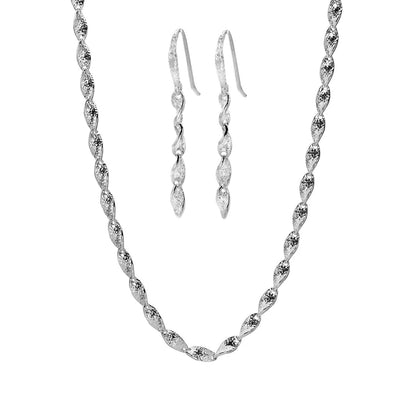 A silver jewelry set featuring a twisted wave inspired chain necklace and matching drop earrings displayed on a solid white background.