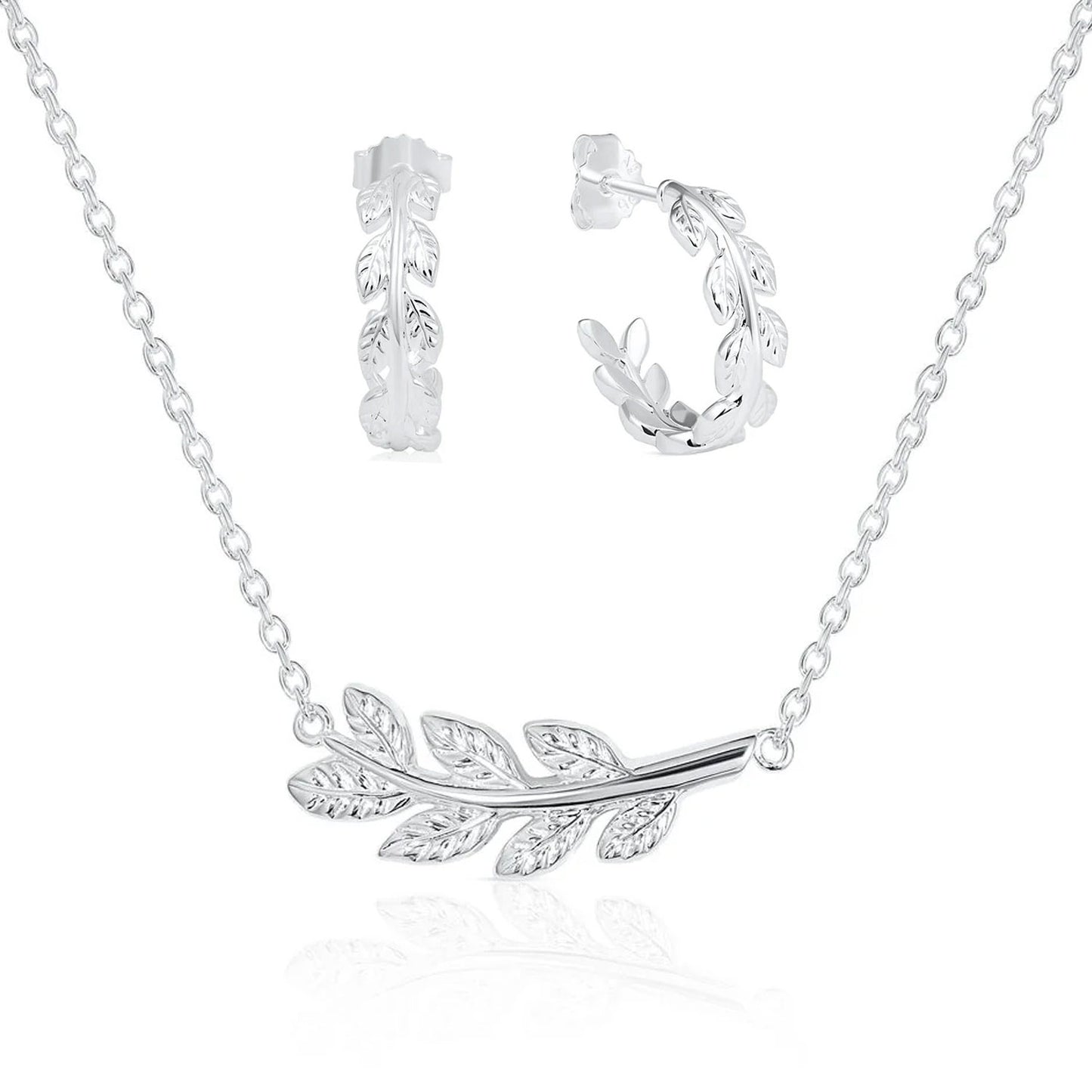 Silver laurel leaf branch necklace and matching laurel leaf hoop earrings, displayed on a clean white background with a soft reflection.