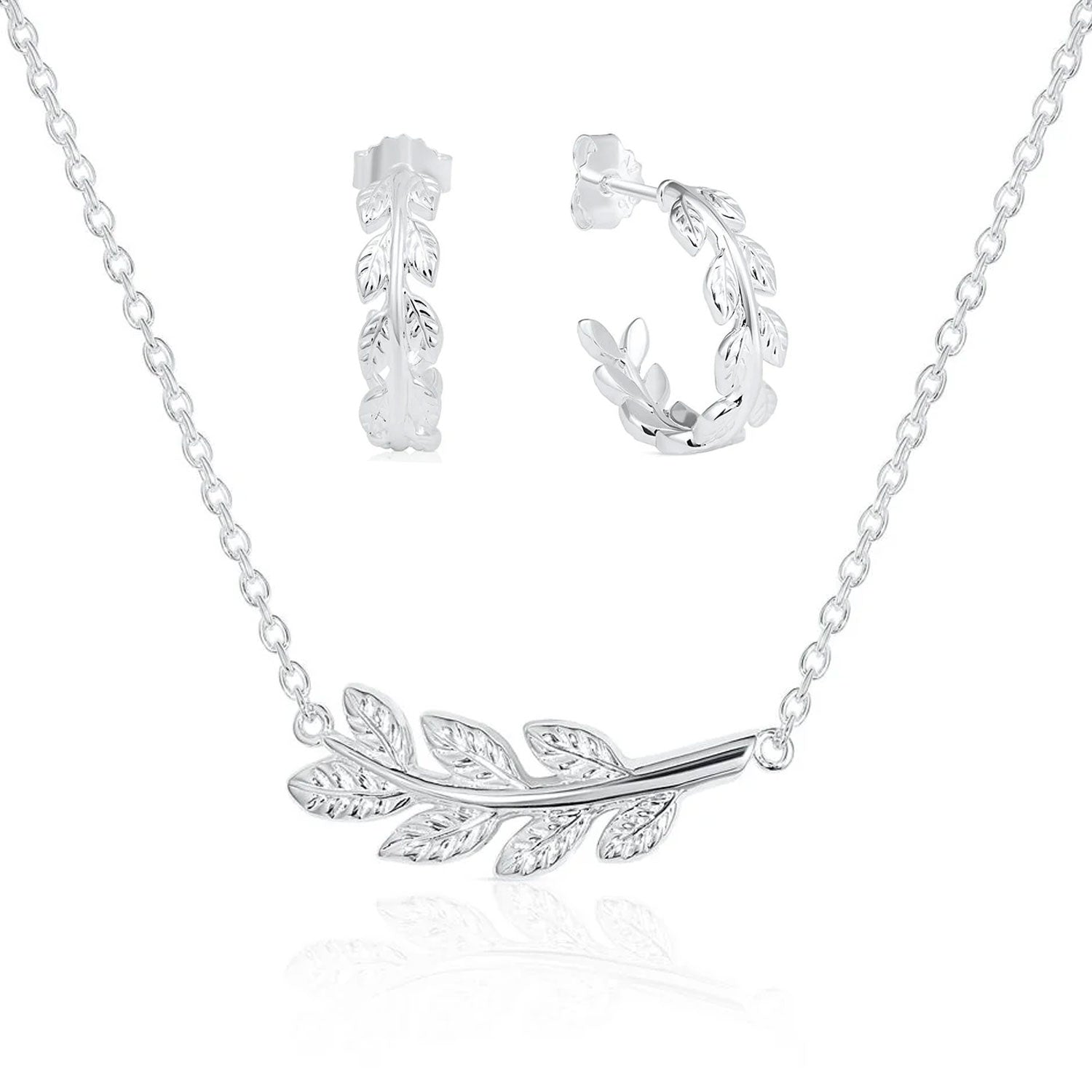 Silver laurel leaf branch necklace and matching laurel leaf hoop earrings, displayed on a clean white background with a soft reflection.