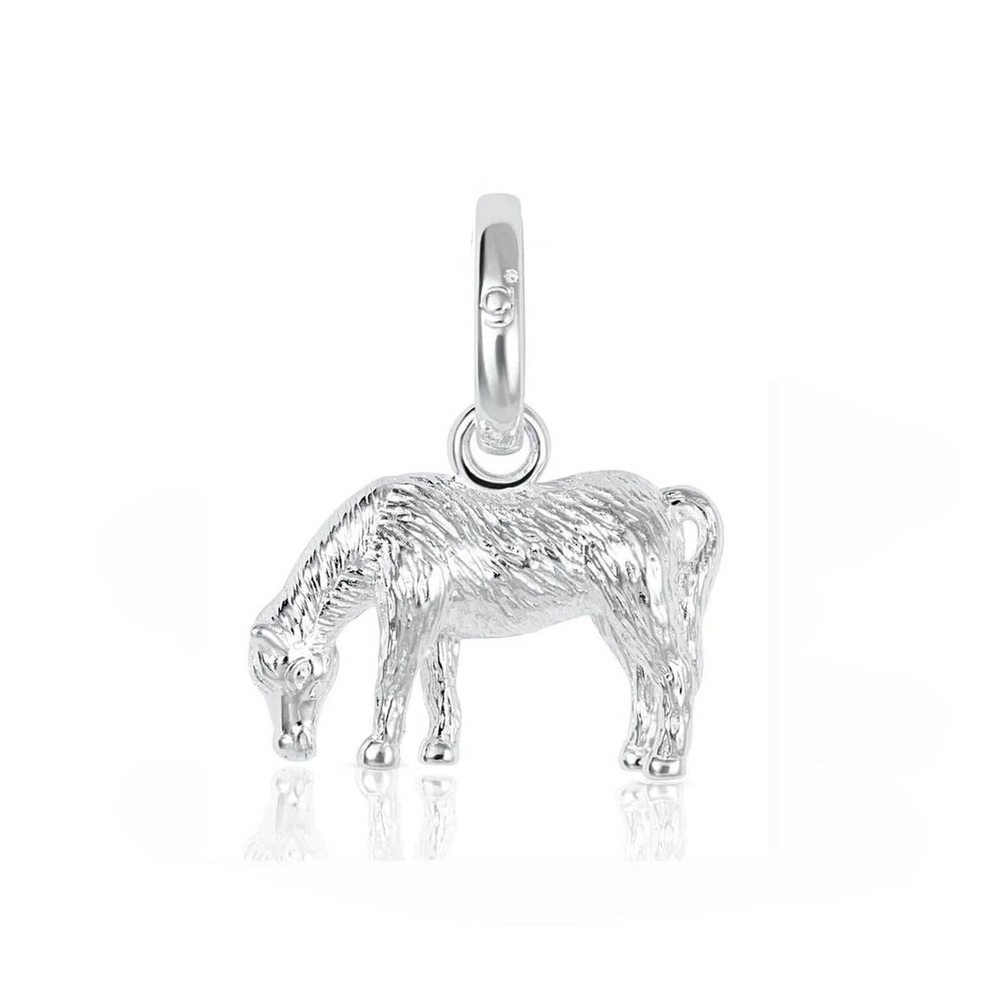 A sterling silver charm shaped like a grazing horse, featuring a highly textured surface and a polished bail at the top, shown on a clean white background with a soft reflection below.