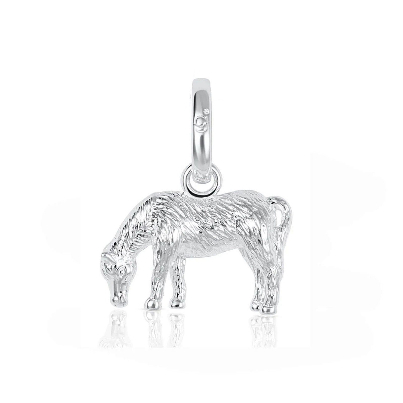A sterling silver charm shaped like a grazing horse, featuring a highly textured surface and a polished bail at the top, shown on a clean white background with a soft reflection below.