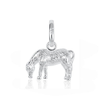 A sterling silver charm shaped like a grazing horse, featuring a highly textured surface and a polished bail at the top, shown on a clean white background with a soft reflection below.