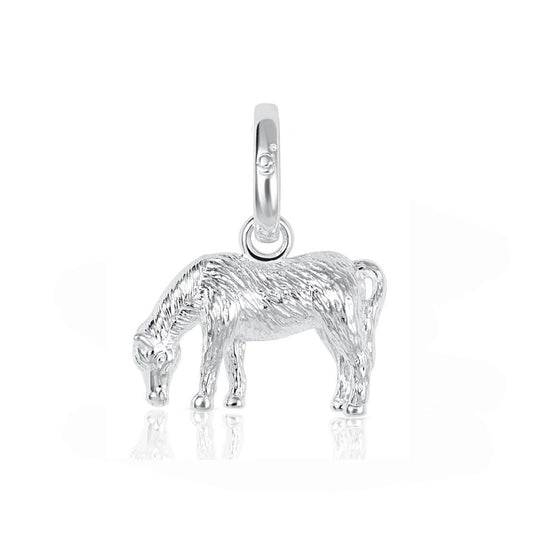 A sterling silver charm shaped like a grazing horse, featuring a highly textured surface and a polished bail at the top, shown on a clean white background with a soft reflection below.