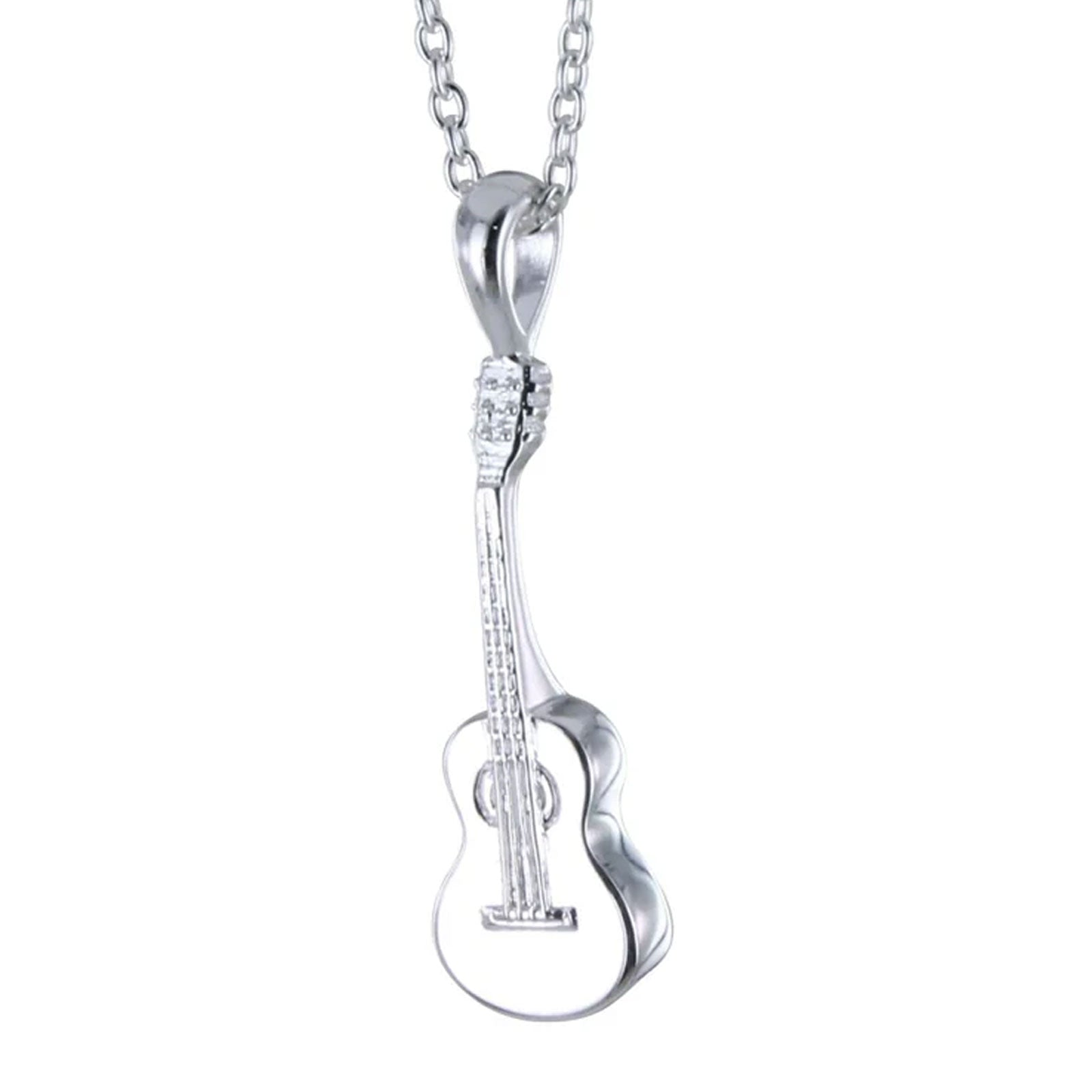 Silver guitar-shaped pendant on a chain against a white background